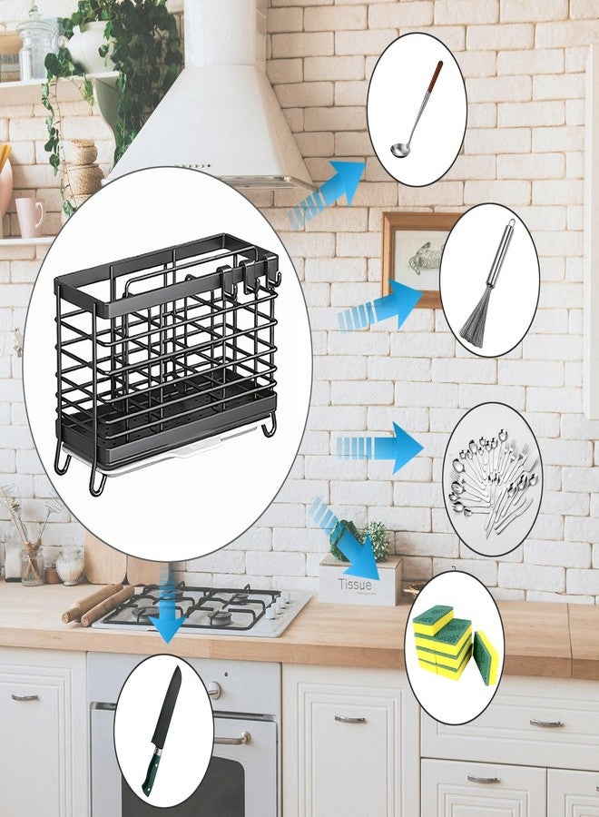 RAKSONIC Utensil Holder,Dish Drainer for Kitchen Counter, 3 Compartments Stainless Steel Utensil Drying Rack, Kitchen Utensils Holder with Towel Bar,Own Drain Tray(Gray) - Image 2